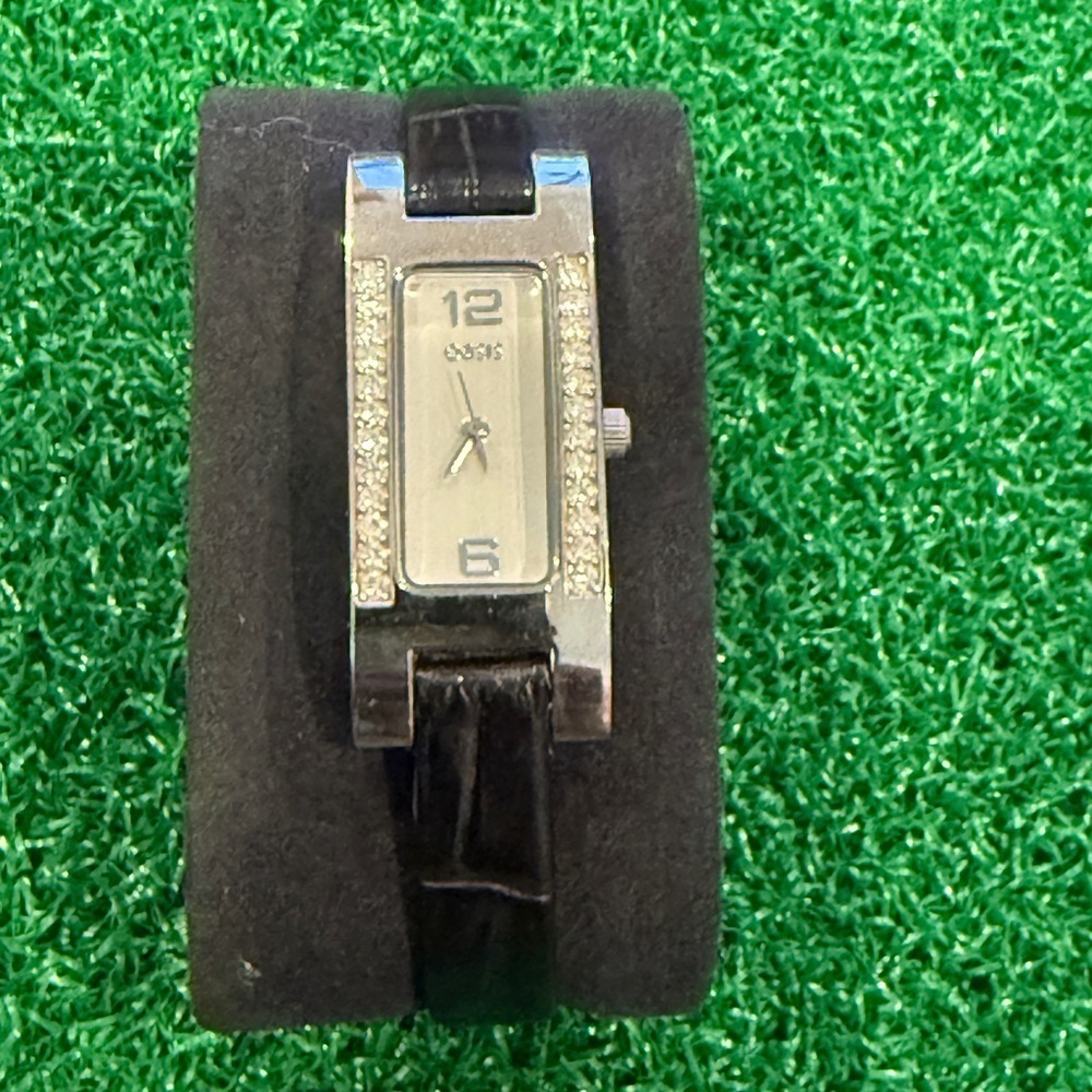 Oasis Rhinestones Silver Watch with Black Strap